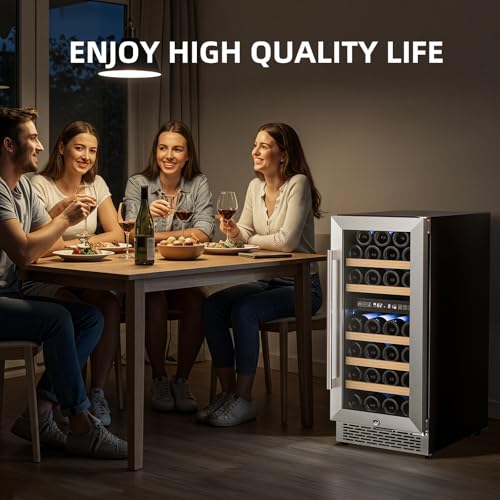 Image of Antarctic Star Wine Fridge 15 Inch Wine Cooler Refrigerator,27 Bottles Dual Zone Freestanding or Bulit-in Wine Cooler Fridge with Stainless Steel Double-Layer Tempered Glass Door,3.1cu.ft