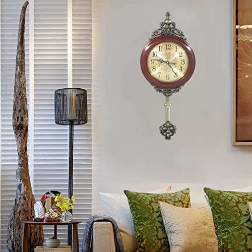 Rnuie Large Wall Clock With Pendulum Decor,Vintage Metal Silent Pendulum Clock Battery Operated For Living Room,Bedroom,Office Wall Decor(Wood Frame) #TOP4