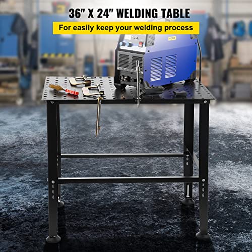 VEVOR Welding Table, 36" x 24" Adjustable Workbench, 0.12" Thick Industrial, 600lb Load Capacity, Heavy Duty Carbon Steel, Gray Steel With Accessories