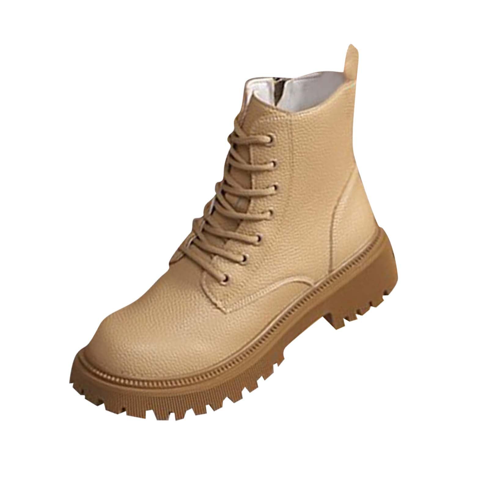 Womens Combat Ankle Boots with Side Zipper Chunky Heel Lug Sole Booties Lace Up Round Toe Casual Shoes