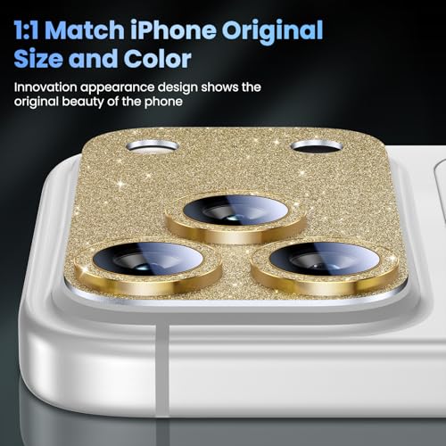 Image of Uyiton for iPhone 17-Pro Camera-Lens Protector: Bling [Not Easy to Break][Strong Adsorption][Case-Friendly] Metal Tempered Glass Rear Camera Screen Cover - Glitter Gold