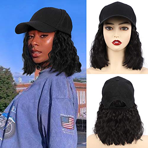 CHRSHN Hat Wig with Hair for Women Baseball Cap with Hair Wig Short Wavy Hat Wig Extensions Natural Black Hair Synthetic Wig Hat Adjustable Black Baseball Hat Wig...