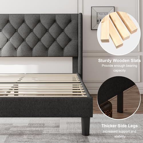 Image of Feonase Full Size Bed Frame with Upholstered Wingback Headboard, Platform Bed and Heavy Duty Wooden Slats Support, Easy Assembly, Noise-Free, No Box Spring Needed, Dark Gray