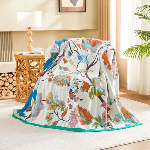 Image of XIBLC Summer Throw Blanket, 90 inchx98 inch Reversible Bohemian Flower Blanket, 100% Cotton Muslin Breathable Woven, Farmhouse Decorative Throw Blanket