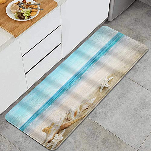 Seashell Starfish Sand Blue Sky Beach Theme Anti Fatigue Kitchen Mat Comfort Floor Mats Non-Slip Oil Stain Resistant Easy to Clean Kitchen Rug