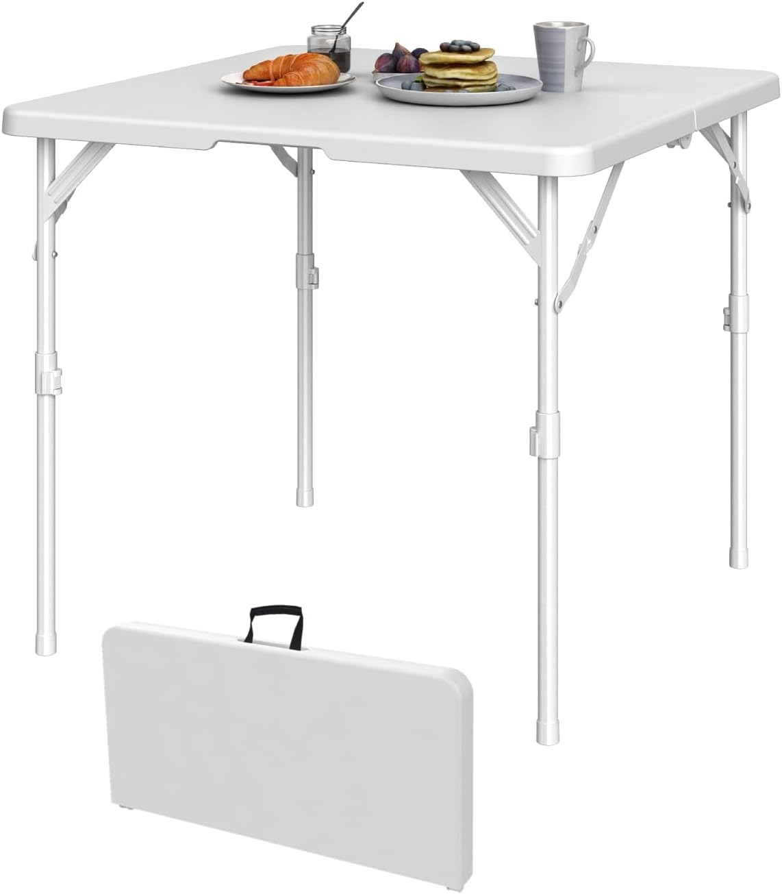 TIMHAKA 2.85 Foot Square White Plastic Folding Table, Folding Card Table, Fold in Half Square Tables w/Handle, Portable Picnic Tables with Collapsible Legs for Indoor Outdoor Dining