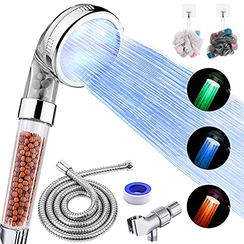 FASTRAS LED Shower Head with Handheld, Shower Head High Pressure Shower Head with Hose, Holder & PTFE Tape etc, 3 Water Temperature-Controlled Water Saving Filtered Shower Head for Dry Skin& Hair