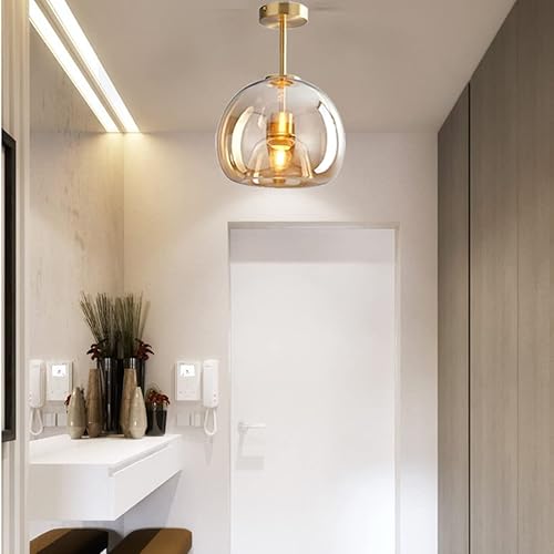 Miniatura 3 de Lámpara de techo semiempotrada de cristal dorada con pantalla de vidrio ámbar, lámpara de techo moderna de mediados de siglo para pasillo,