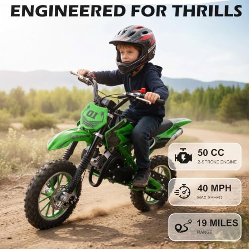 Image of Kids 50CC Dirt Bike,2-Stroke Gas Mini Bike,Green,2026 Upgraded | Kids Dirt Bike for 8-14 with Front Rear Disc Brakes,10In Off-Road Tires,Shock Absorption,Seat Height 23.6in,Max Speed 40mph