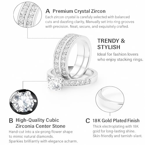 3-Piece Wedding Ring Set for Women with Gift Box, 18K White Gold Plated CZ Engagement Rings, Affordable Promise Bridal Jewelry Gift R3664