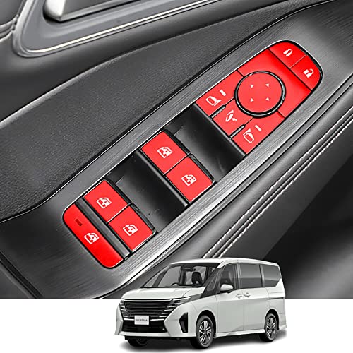 Kakash 日産専用アルミ合金ドアスイッチパネルカバー ウィンドウスイッチガーニッシュカバー 内装カスタムパーツ ウィンドウスイッチボタンカバー アクセサリーキズ防止防塵 取り付け簡単 車種専用設計13 pcsセット(赤)適日産 新型セレナ(SERENA