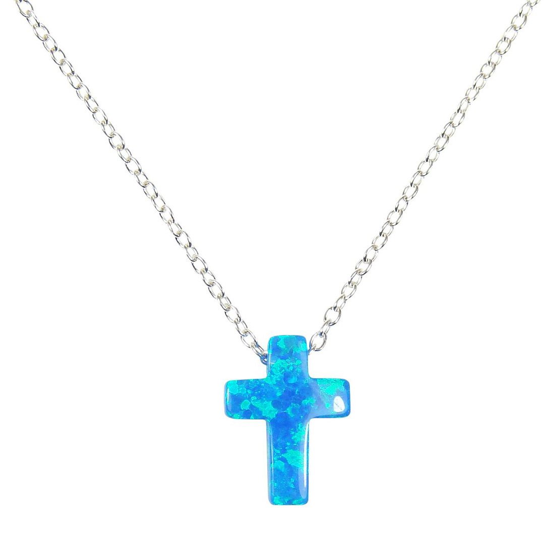 Martinuzzi Accessories Opal Cross Necklace 925 Sterling Silver Chain Blue Opal Simulated Cross Necklace
