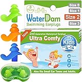 WaterDam Ear Plugs for Swimming Kids – 3 Pairs Ultra Comfy Silicon Swim Earplugs for Child Reusable Great Waterproof !!! Prevent Swimmer’s Ear - 2nd Generation Green Orange Blue