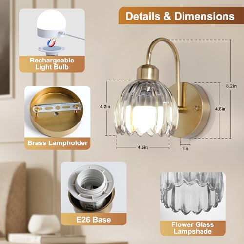 Image of Cordless Wall Sconce Sets of 2, Tulip Glass Shades Rechargeable Battery Operated Wall Sconce, Retro Flower Gold Wall Lights Bathroom Vanity Sconces, Wall Mounted Lamps for Bedroom Living Room
