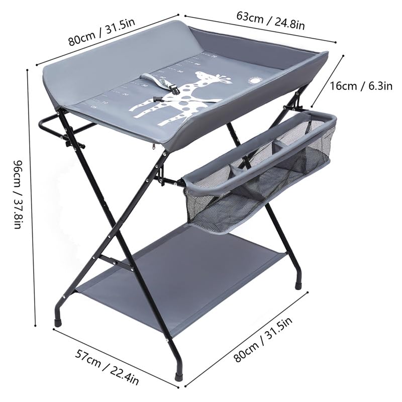 Fasciatoio Pieghevole per Bagnetto Neonati Fasciatoio Portatile Cambio Pannolini con Tasche a Rete e Scomparti Portaoggetti Fasciatoio per Bambini (80 * 57 * 96cm-Grigio)
