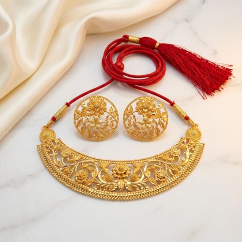 Image of Gold Plated Floral Choker Necklace Set for Women with Earrings
