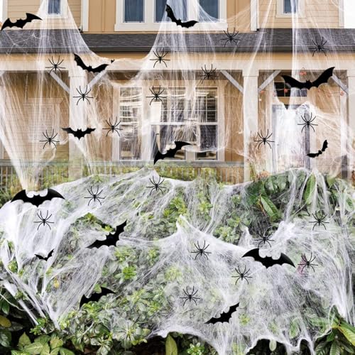 Ragnatele Halloween Decorazioni Esterno Kit,200g Ragnatela Diy,40 Pezzi Ragnetti Finte,24pezzi Pipistrelli Decorazione,Ragnatele Decorazioni Halloween Casa Set Per Giardino,Finestra,Festa