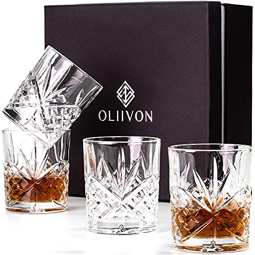 Premium Classic Old Fashioned Whiskey Glasses - Set of 4 Wiskey Glasses In Luxury Gift Box, Diamond Design, 10oz Lead-Free Glasses, Ideal For Bourbon, Scotch, Tasting Tumblers, Men, Fathers, Sons