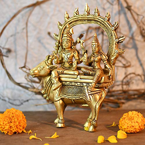 Image of Collectible India Brass Shiva Idol God Shiva Parvati Idol Sitting On Nandi Statue Diwali Decor Gifts(Size 7.5 x 5 Inches).