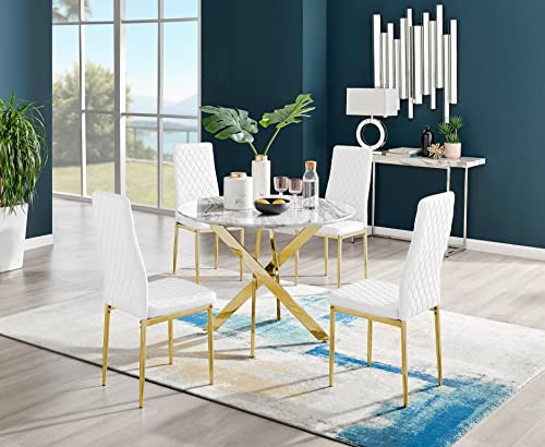 Furniturebox UK Novara White Marble Effect Gold Leg Round Dining Table & 4 White Milan Gold Leg Chairs