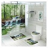 Fußmatte Traditiona Stil Badematte und Duschvorhang Set Rutsch Rutsch U-förmige Toilette Teppich Badezimmer Bodenmatte wasserdichte Duschvorhang (Color : 4pcs-736, Specification : Show