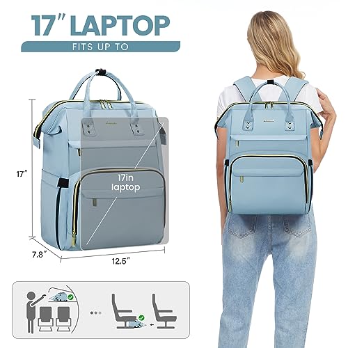 Image of LOVEVOOK Laptop Backpack for Women,17 Inch Professional Womens Travel Backpack Purse Computer Laptop Bag Nurse Teacher Backpack,Waterproof College Work Bags Carry on Back Pack with USB Port,Sky Blue