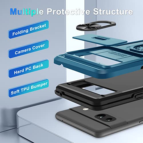 Casejeen For Google Pixel 7A Case 5G With 2 Tempered Glass Screen Protector,Built In Slide Camera Lens Cover+Finger Ring Stable Kickstand,Heavy Duty Shockproof Protective Phone Cover,2023 Blue #TOP5