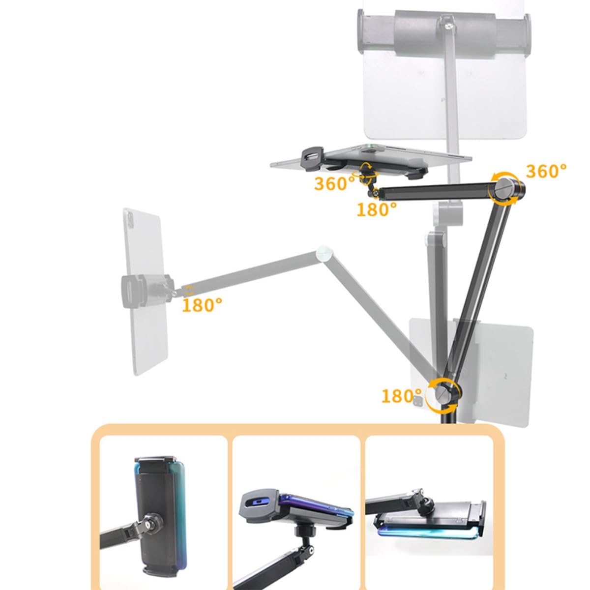 INF Support de sol pour tablettes et téléphones avec deux bras réglables