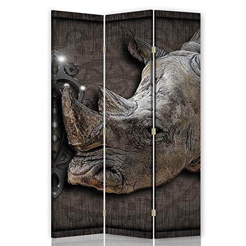 Paravent déco Rhinocéros Impression 1 Face 3 Panneaux Classe Gris 110x175 cm
