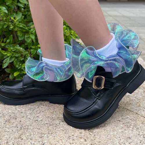 6 Pairs Girls White Ruffle Socks Toddler Big Double Shimmering Lace Turn Cuff Dress Socks4