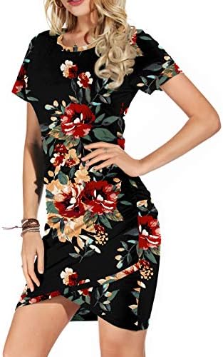 GRECERELLE Women's Sexy Fashion Short Sleeve Ruched Stretchy Floral Print Dress Crew Neck Casual Bodycon T Shirt Short Mini Dresses FP Brown Black-Small