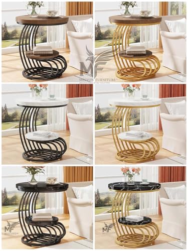 Image of MELVON End Table /Side Table with Walnut Engineered Wood Top & Golden Metal Frame, 2 Tier Storage for Living Room, Bedroom, Bedside & Balcony | Golden & Walnut