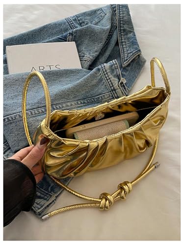Verdusa Women's Gold Purse Ruched Metallic Shoulder Handbags Top Handle Underarm Bag4