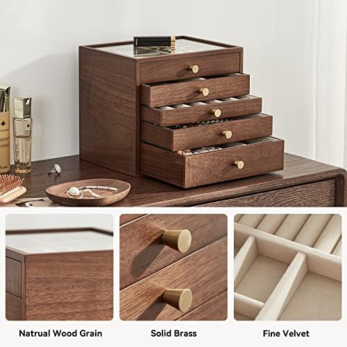 CHOSIN Black Walnut Wooden Jewelry Box for Women, 5 Level Drawer Organizer Box with Glass Lid to Store Necklaces, Watch, Necklace, Ring, Earring Storage Gift Case for Girls