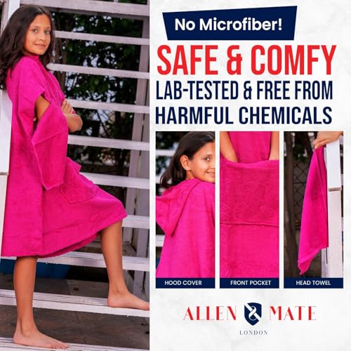 ALLEN & MATE 100% COTTON Kids Hooded Towel Poncho - 380 GSM, Safety Certified | Oversized Changing Robe for Boys & Girls4