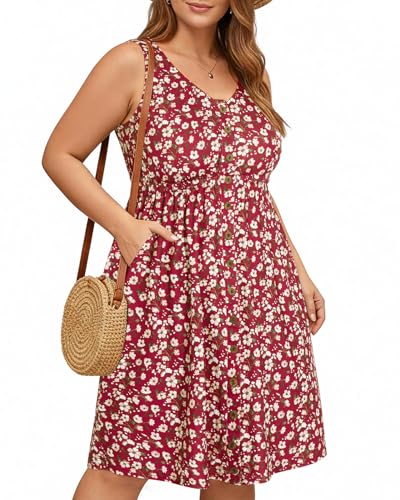 Image of Holipick Women's Plus Size Summer Dresses for Women Casual Dress with Pockets A-Line Swing Button Down Sleeveless V Neck