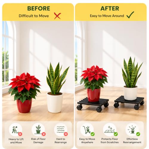 Image of Plant Stand with Wheels - Heavy Duty Metal Rolling Plant Caddy for Pots & Planters, Rust-Proof Iron Trolley with 360 Rotating Wheels, Indoor Outdoor Balcony Garden Use (Black, Pack of 4)