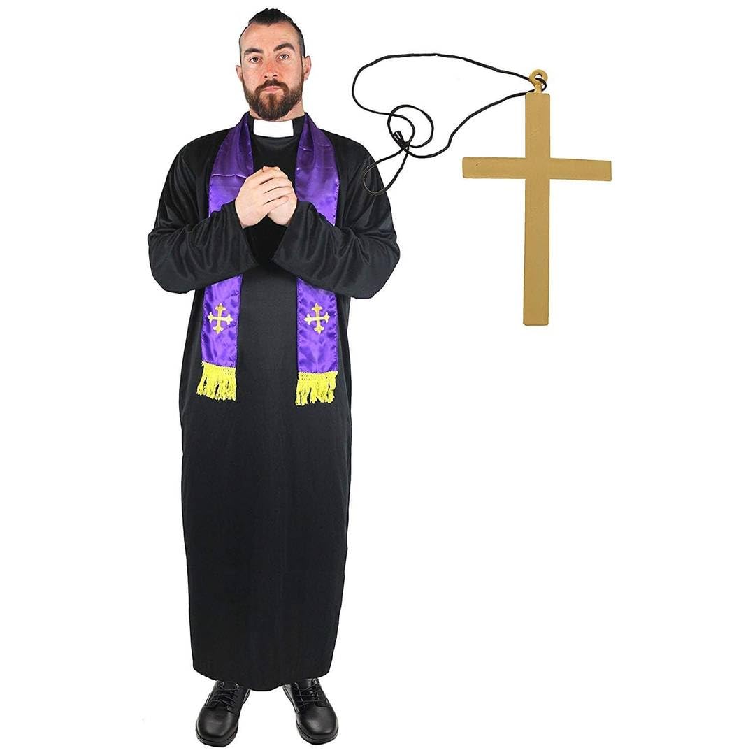 Mens Priest Costume - Black Robe, Purple Clerical Scarf and Gold Cross - Adults Halloween Fancy Dress Costume