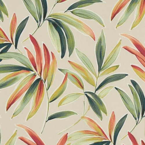 PT - Tela decorativa (algodón, 1,40 m), diseño de hojas, color beige, verde y rojo