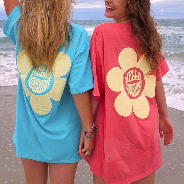 Image of Vintage Oversized Flower Graphic Tees Cute Surfboard Palm Baggy T-Shirts Summer Preppy Beach Tops Teen Girls Clothes