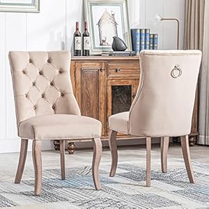 Dolamaní Beige eetkamerstoelen, luxueus, elegant en stijlvol, zacht en comfortabel, 47 cm x 51 cm x 97 cm, eetkamerstoelen, stoel met hoge rugleuning van fluweel en knoopstiksels van massief hout