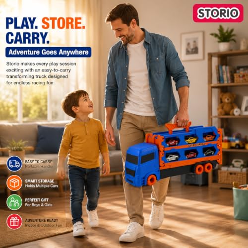 Image of Storio Big Hauler Storage & Deform Transport Truck Toy | 3-in-1 Transforming Carrier with Foldable Dual Racing Track & 2 Die-Cast Cars | Push & Go Toy for Kids Boys & Girls 3+ Years