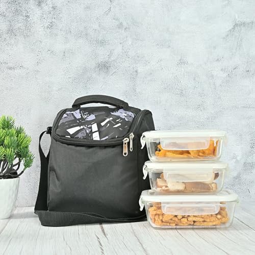 Image of Femora Borosilicate Glass Container Lunch Box with Bag for Office, School, Black, Rectangular, 400 ML, 620 ML (3 Container+ 1 Bag)
