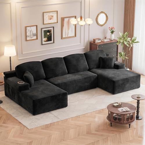 Image of Homall 142 inch Boneless Couch, Modular Sectional Sofa, No Assembly Required, Memory Foam Filling, Corduroy U-Shaped Sofa, Movable Multi-Person Couch for Living Room (Black)