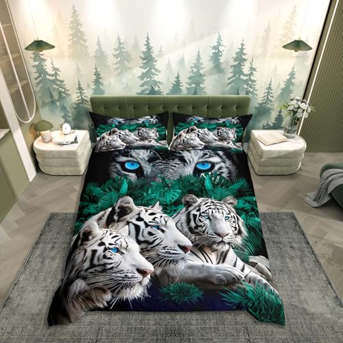 Loussiesd Tigre Parure de Lit Wild Animaux Theme Pattern Housse de Couette 220x240cm pour Les Enfants Adultes Safari Chats Housse de Couette Soft Wildlife White Tiger...