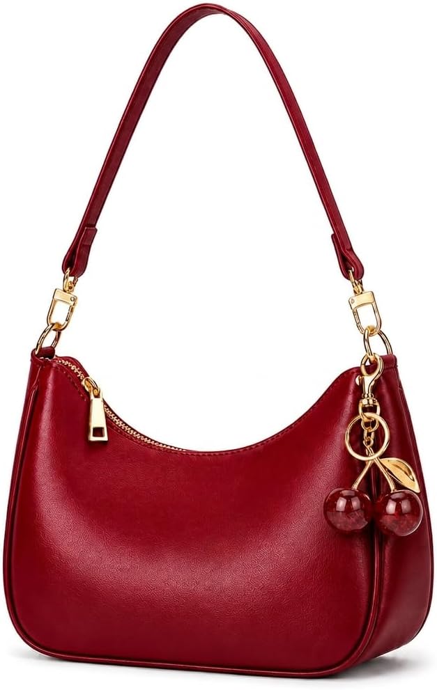 Shoulder Bag for Women Hobo Purse PU Leather Clutch Underarm Handbag with Strap and Cherry Charm for Travel Party