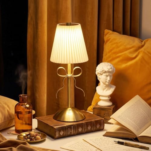 Image of Liliful 2 Pcs Cordless Table Lamp Rechargeable Touch LED Small Gold Portable Battery Operated USB-c Desk Lamp 3 Color Dimmable for Bedroom Living Room Dining (Gold,Beige Cloth Style Bow)