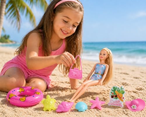 Image of SUPER TOY Summer Beach Fashion Doll for Girls with Long Hair, Movable Joints Stylish Doll Playset with Floating Swim Tube & Accessories for Kids