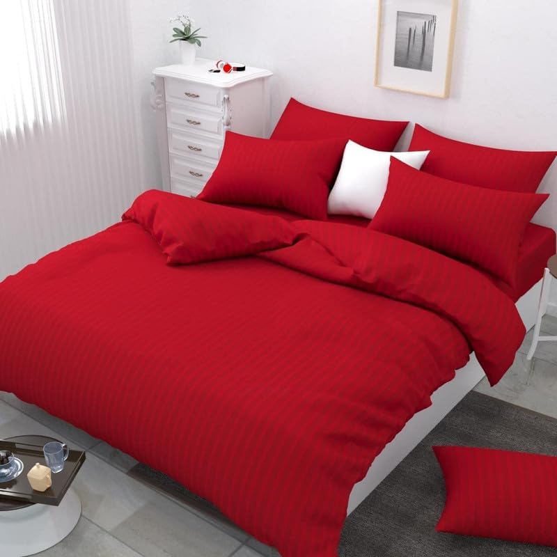 Cotton Satin Stripes Lining Double Bed Bedhseet| Plain Bedsheet for Double Bed with Two Pillow Covers| 220 TC| 90X100 Inches| Soft & Comfortable| Bedsheet for Guest House| Home|Bedroom|Red-image-12