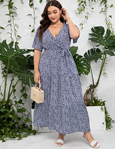 Image of ShopWonder Womens Plus Size V Neck Wrap Maxi Dress High Waist Ruffle Summer Casual Dress with Belt